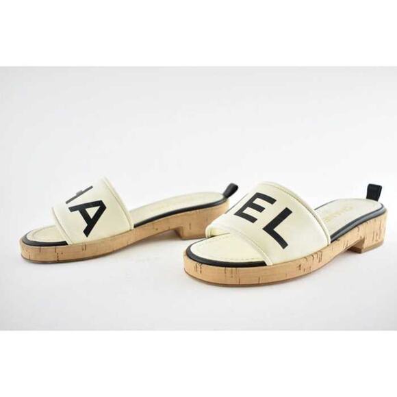 Chanel 19S Ivory Black Letter CC Logo Cork Mules Slide Sandal Flop Flat 35c - Picture 9 of 12